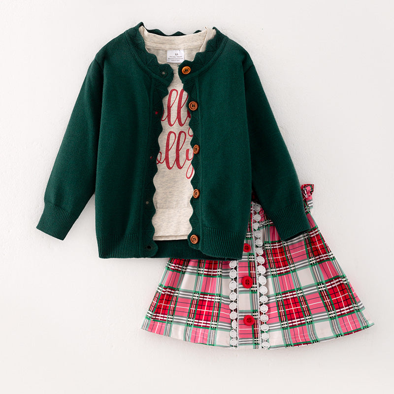 （In Stock G27-1-3）Girls Christmas Holly Jolly Print Skirt Set with Sweater Cardigan