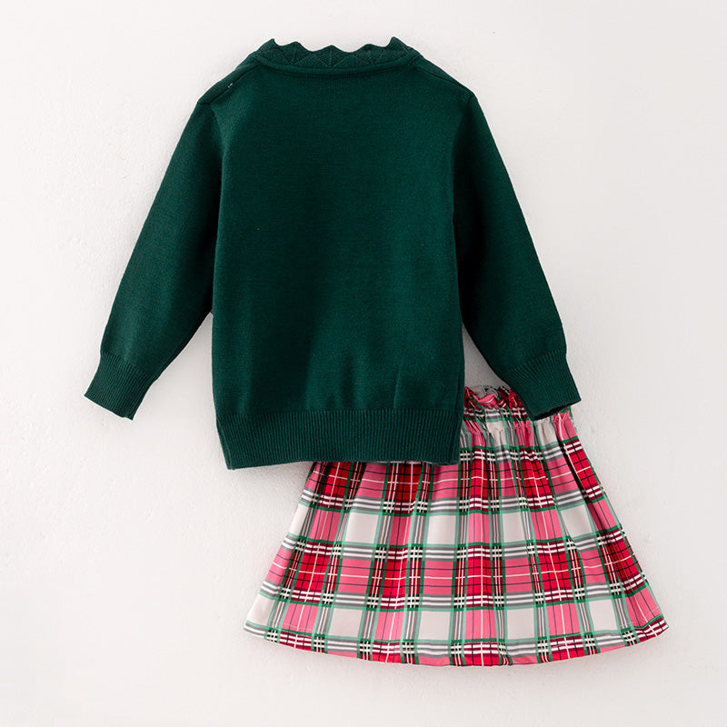 （In Stock G27-1-3）Girls Christmas Holly Jolly Print Skirt Set with Sweater Cardigan