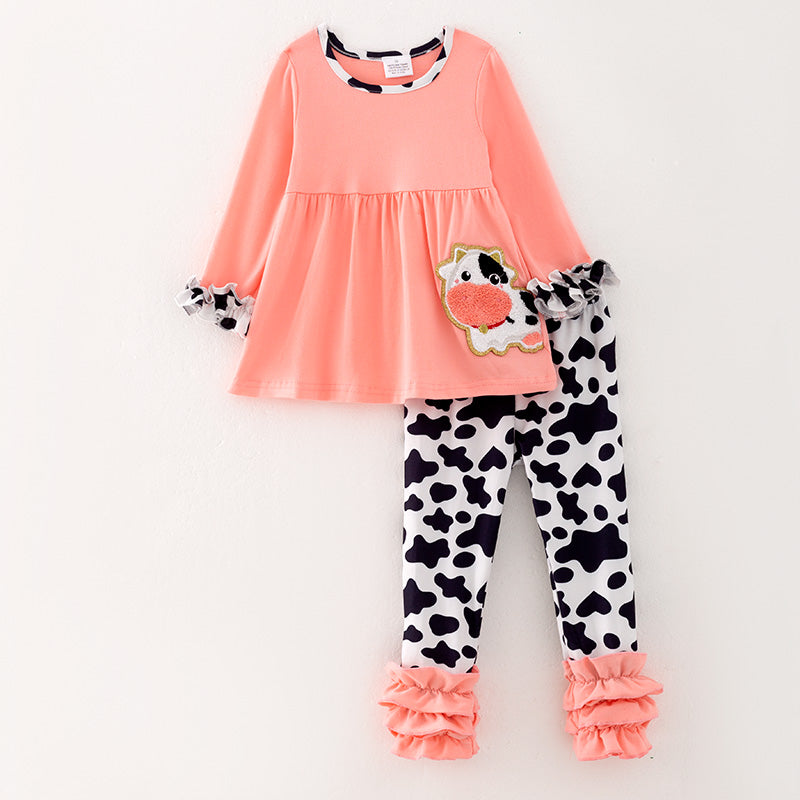 （In Stock Q11-5-2）Girls Fall Cow Chenille Patches Outfit Set