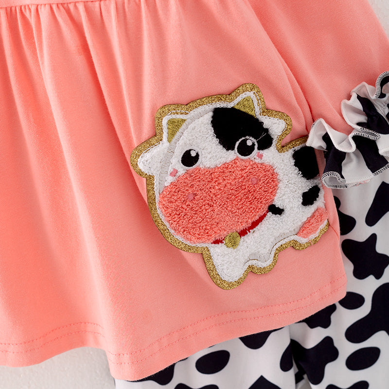 （In Stock Q11-5-2）Girls Fall Cow Chenille Patches Outfit Set