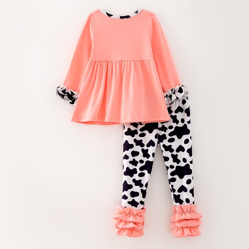 （In Stock Q11-5-2）Girls Fall Cow Chenille Patches Outfit Set