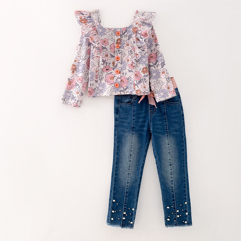 （In Stock Q12-2-1）Girls Fall Floral Print Denim Set