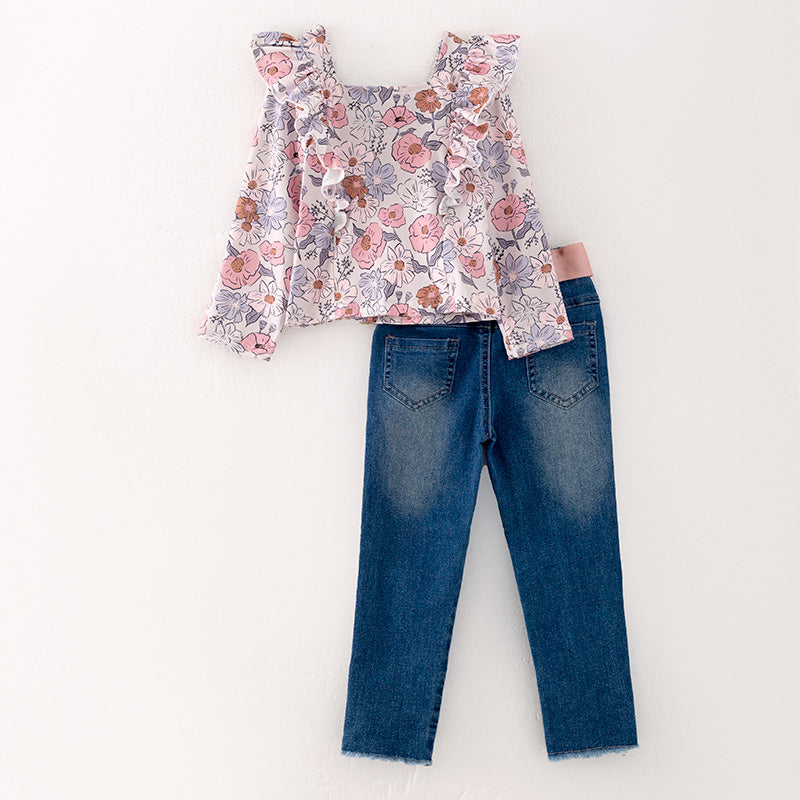 （In Stock Q12-2-1）Girls Fall Floral Print Denim Set