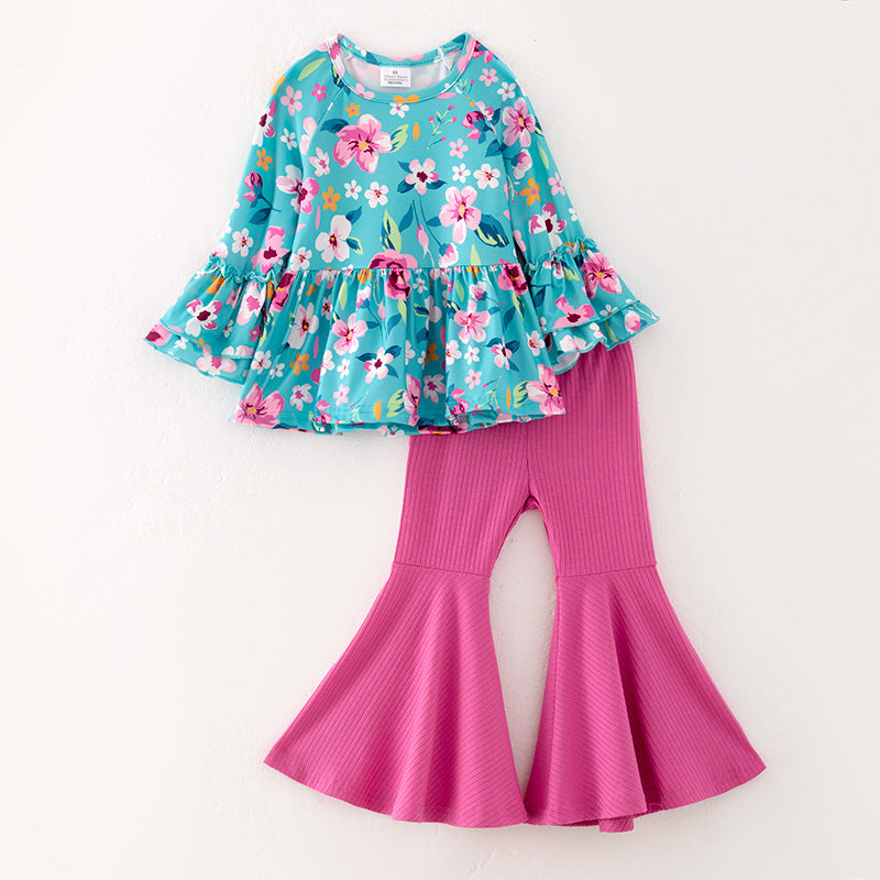 （In Stock Q11-4-1）Girls Spring Floral Print Outfit Set