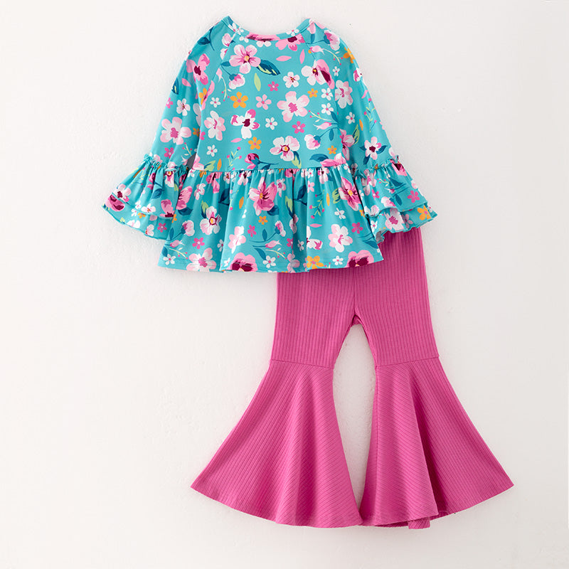 （In Stock Q11-4-1）Girls Spring Floral Print Outfit Set