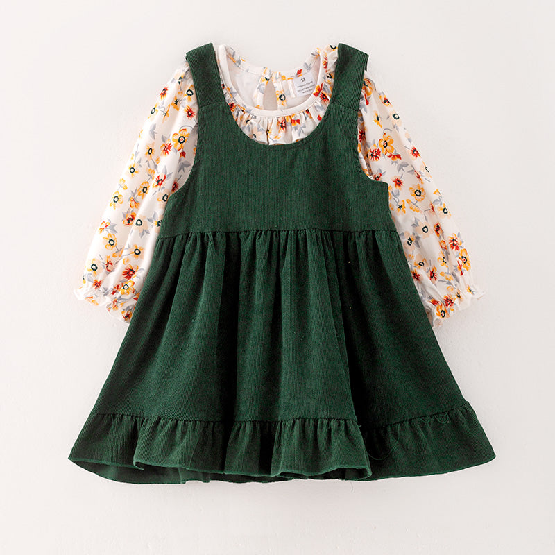 （In Stock Q12-1-2）Girls Fall Floral Print Corduroy Slip Dress