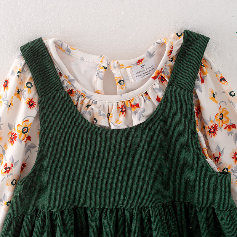 （In Stock Q12-1-2）Girls Fall Floral Print Corduroy Slip Dress