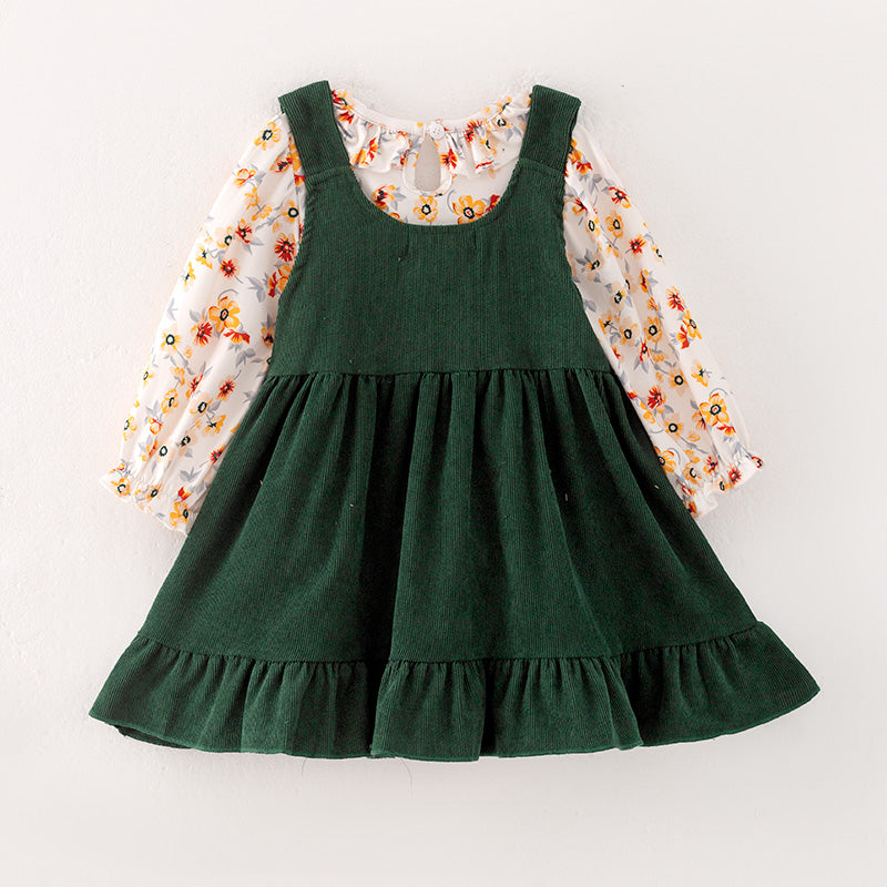 （In Stock Q12-1-2）Girls Fall Floral Print Corduroy Slip Dress