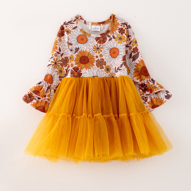 （In Stock Q12-3-2）Girls Fall Floral Print Tulle Dress