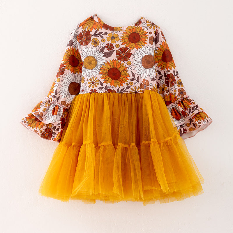 （In Stock Q12-3-2）Girls Fall Floral Print Tulle Dress