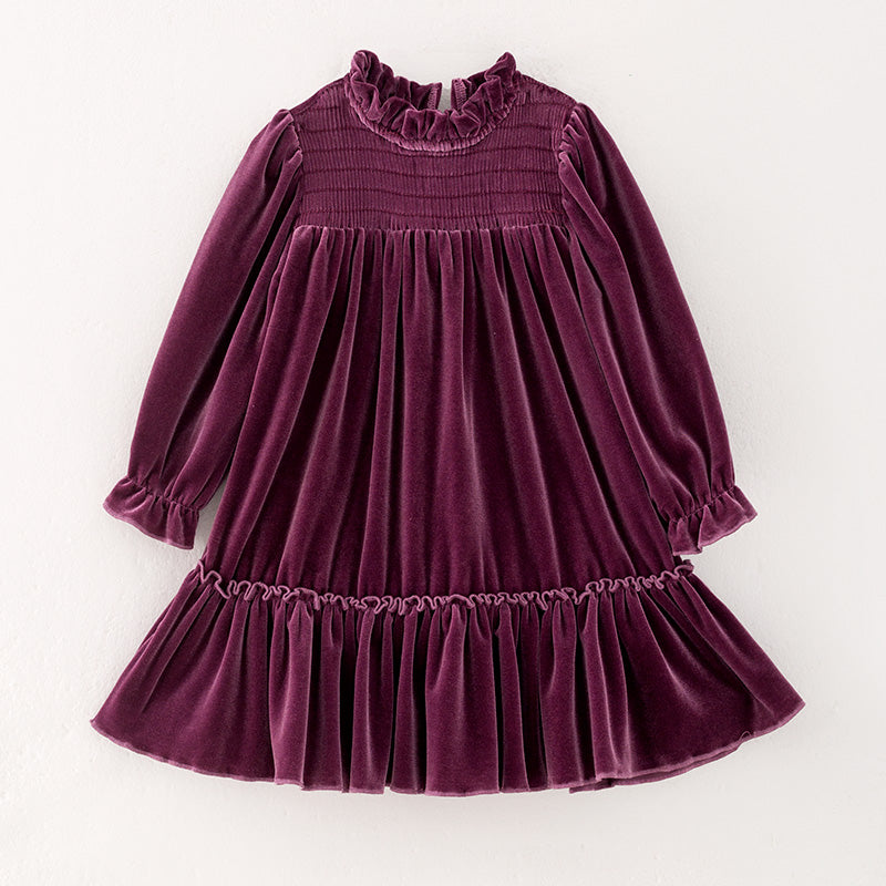 （In Stock Q12-3-1）Girls Fall Purple Velvet Smocked Dress