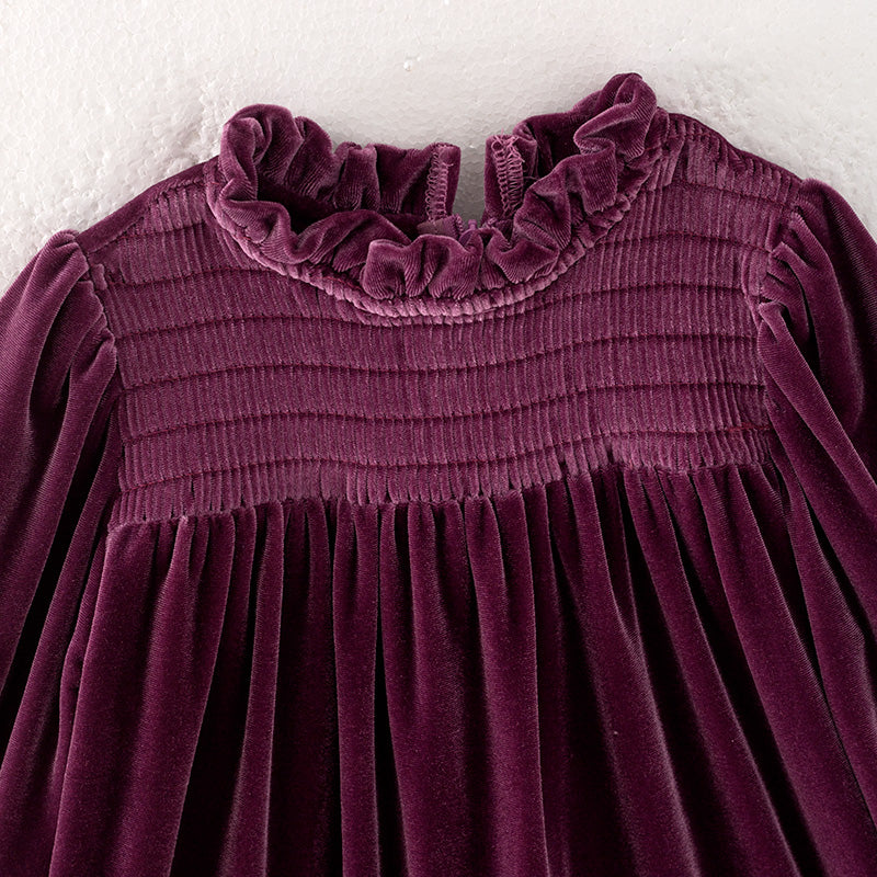 （In Stock Q12-3-1）Girls Fall Purple Velvet Smocked Dress