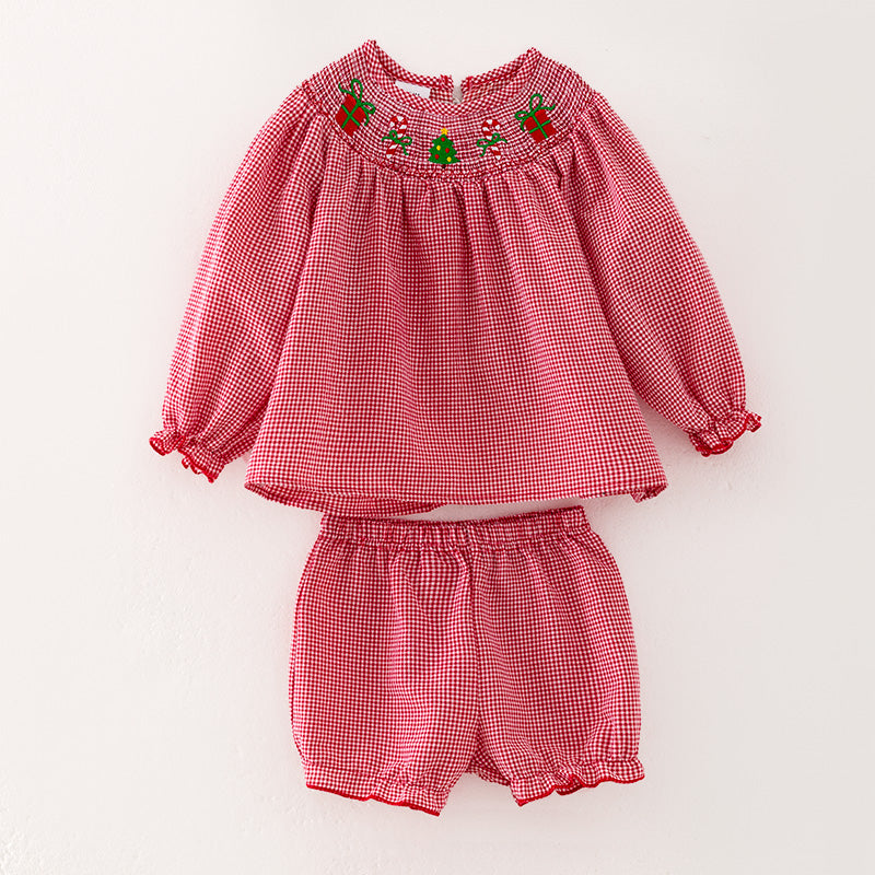 （In Stock G8-3-1）Baby Girls Christmas Embroidery Smocked Bloomer Set