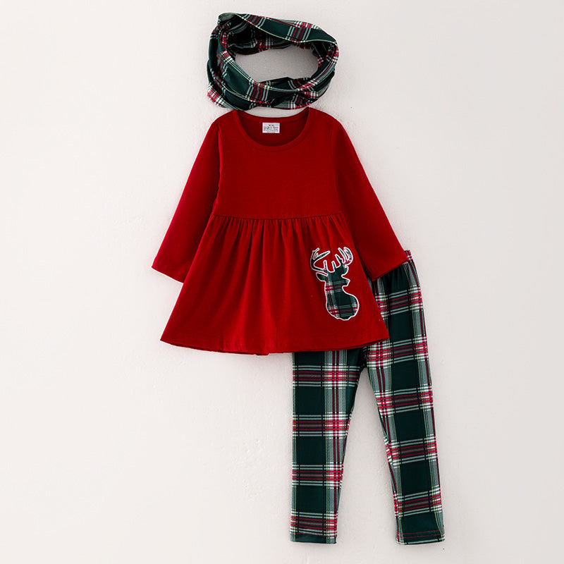 （In Stock G9-1-2）Girls Christmas Elk Applique Outfit Set