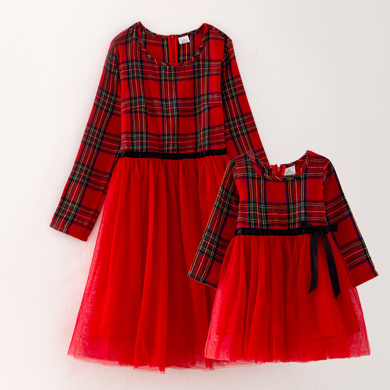 （In Stock G3-3-2）Mommy and Me Christmas Red Plaid Cotton Dress