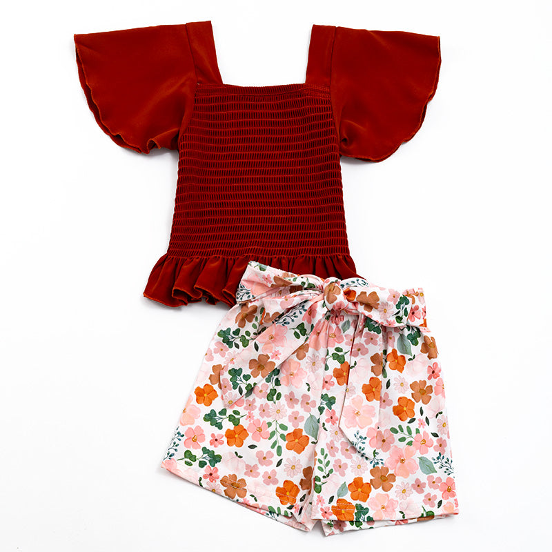 Girls Burgundy Smocked Top Floral Shorts Set