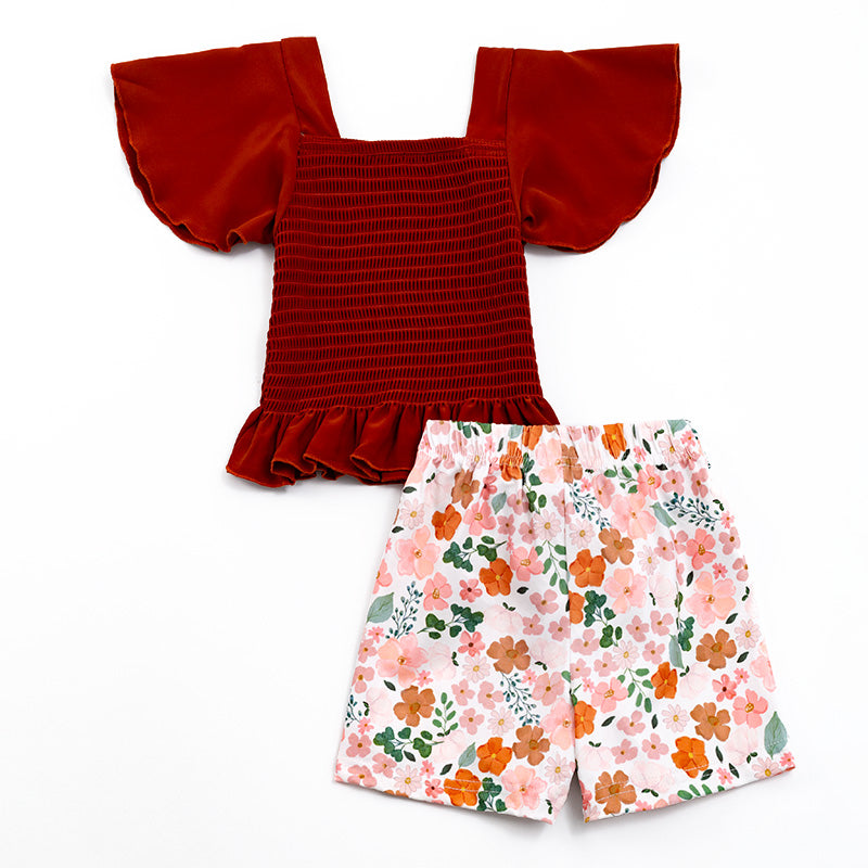 Girls Burgundy Smocked Top Floral Shorts Set