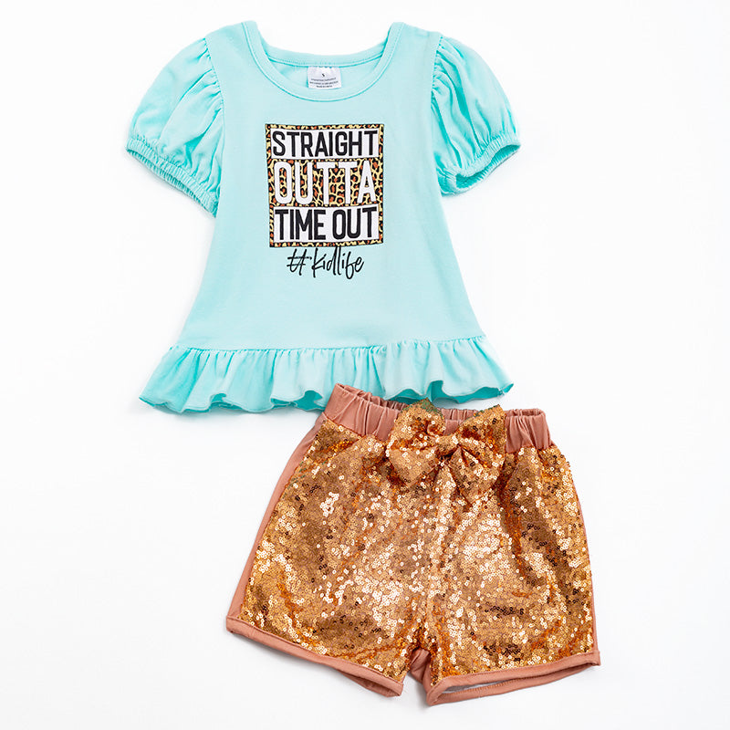 Girls Blue Top Sequins Shorts Set