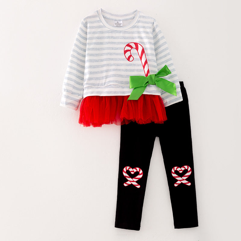 （In Stock G9-3-2）Girls Christmas Cane Print Outfit Set