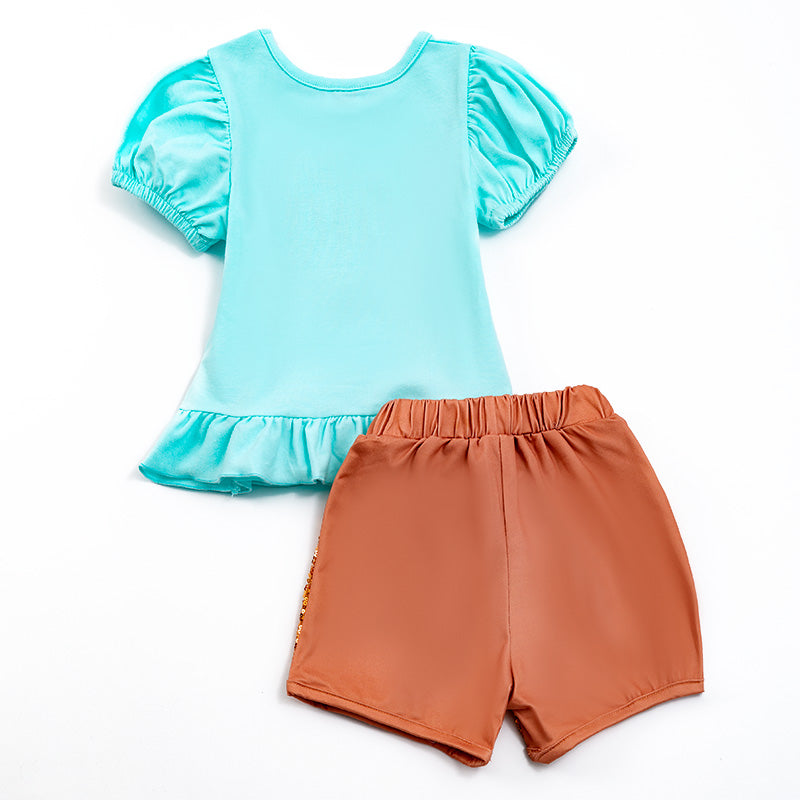 Girls Blue Top Sequins Shorts Set