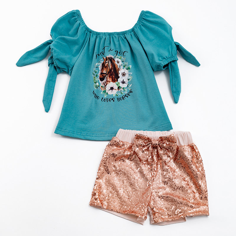 Girls Jade Horse Pint Sequins Shorts Set