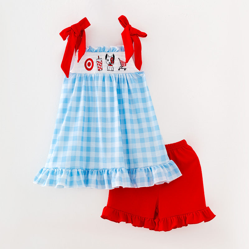 Girls Plaid Supermarket Embroidery Smocked Trap Short Set