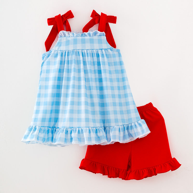 Girls Plaid Supermarket Embroidery Smocked Trap Short Set