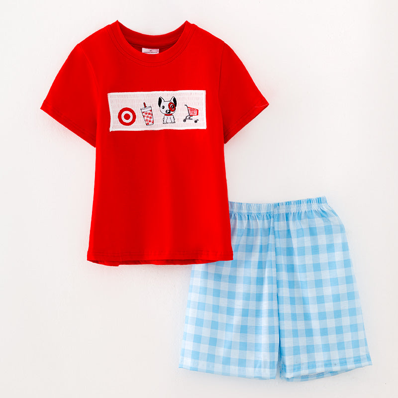 Boys Plaid Supermarket Embroidery Smocked Short Set