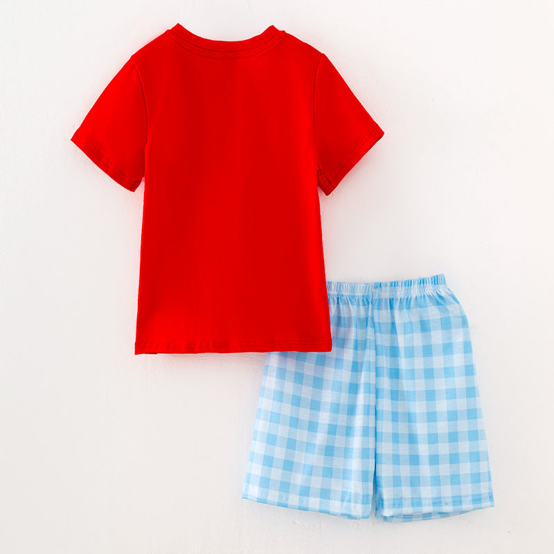 Boys Plaid Supermarket Embroidery Smocked Short Set