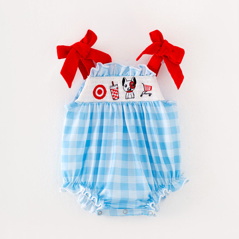 Girls Plaid Supermarket Embroidery Smocked Romper