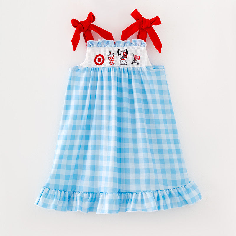 Girls Plaid Supermarket Embroidery Smocked Trap Dress