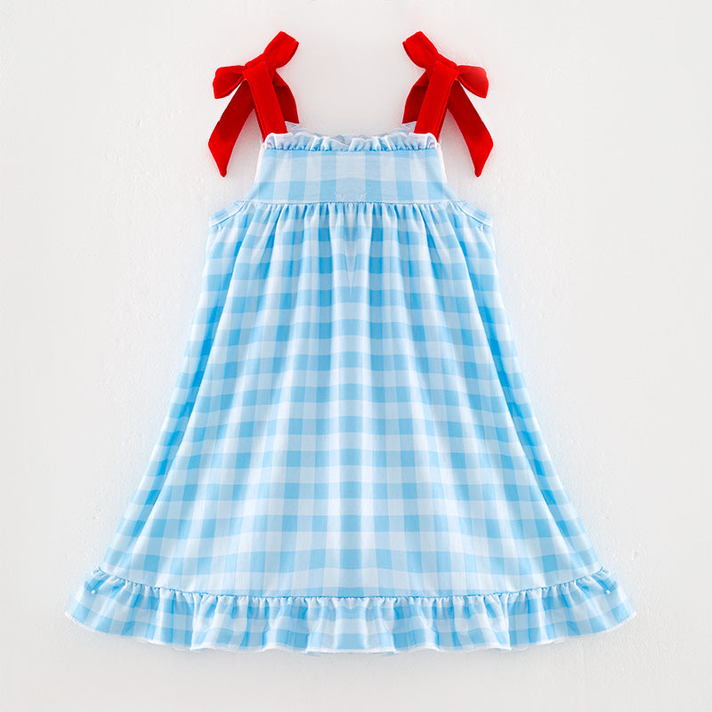 Girls Plaid Supermarket Embroidery Smocked Trap Dress