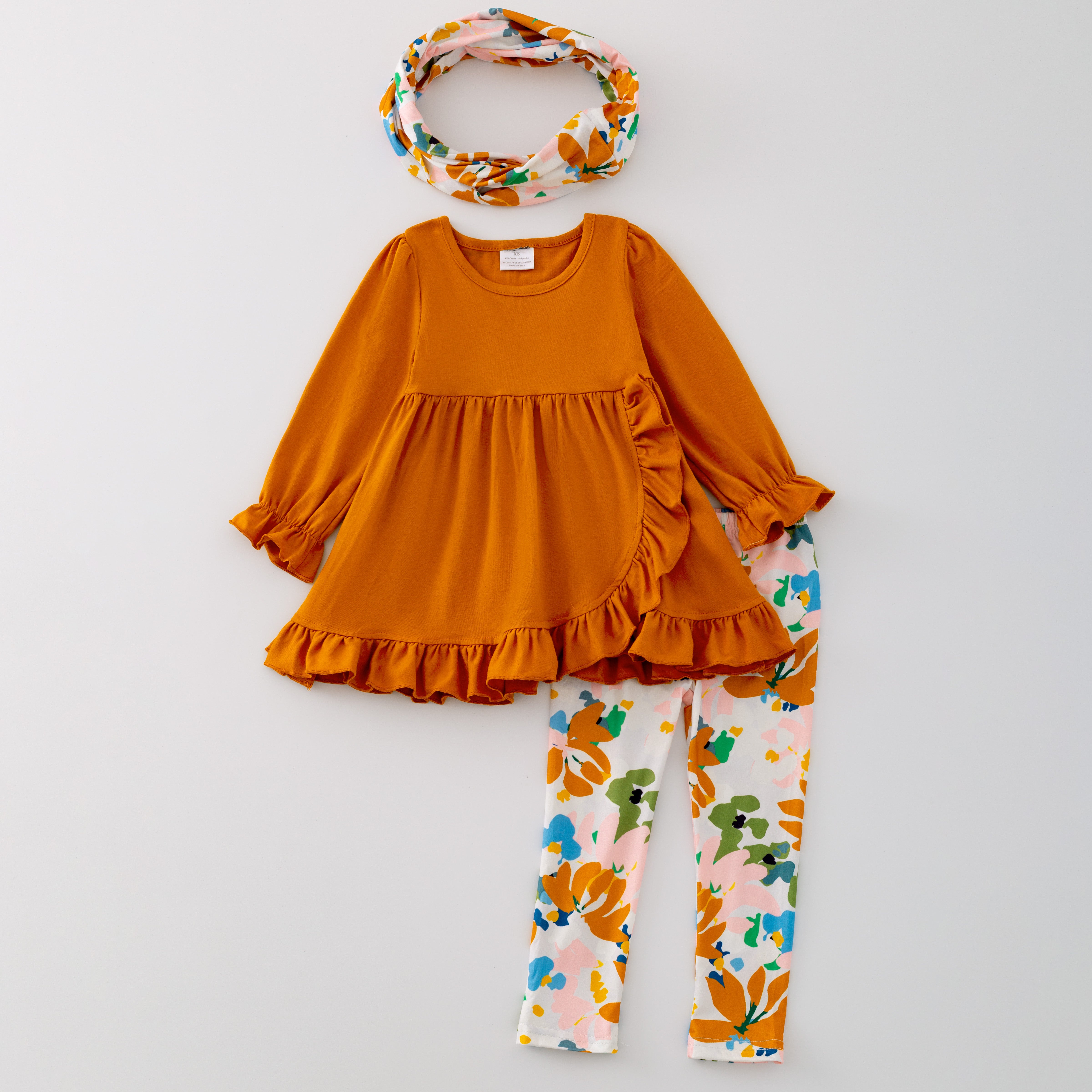 (In Stock L32-03-03  L33-2-2)Girls 3 Pieces Fall Winter Top Floral Print Pants Scraf Set