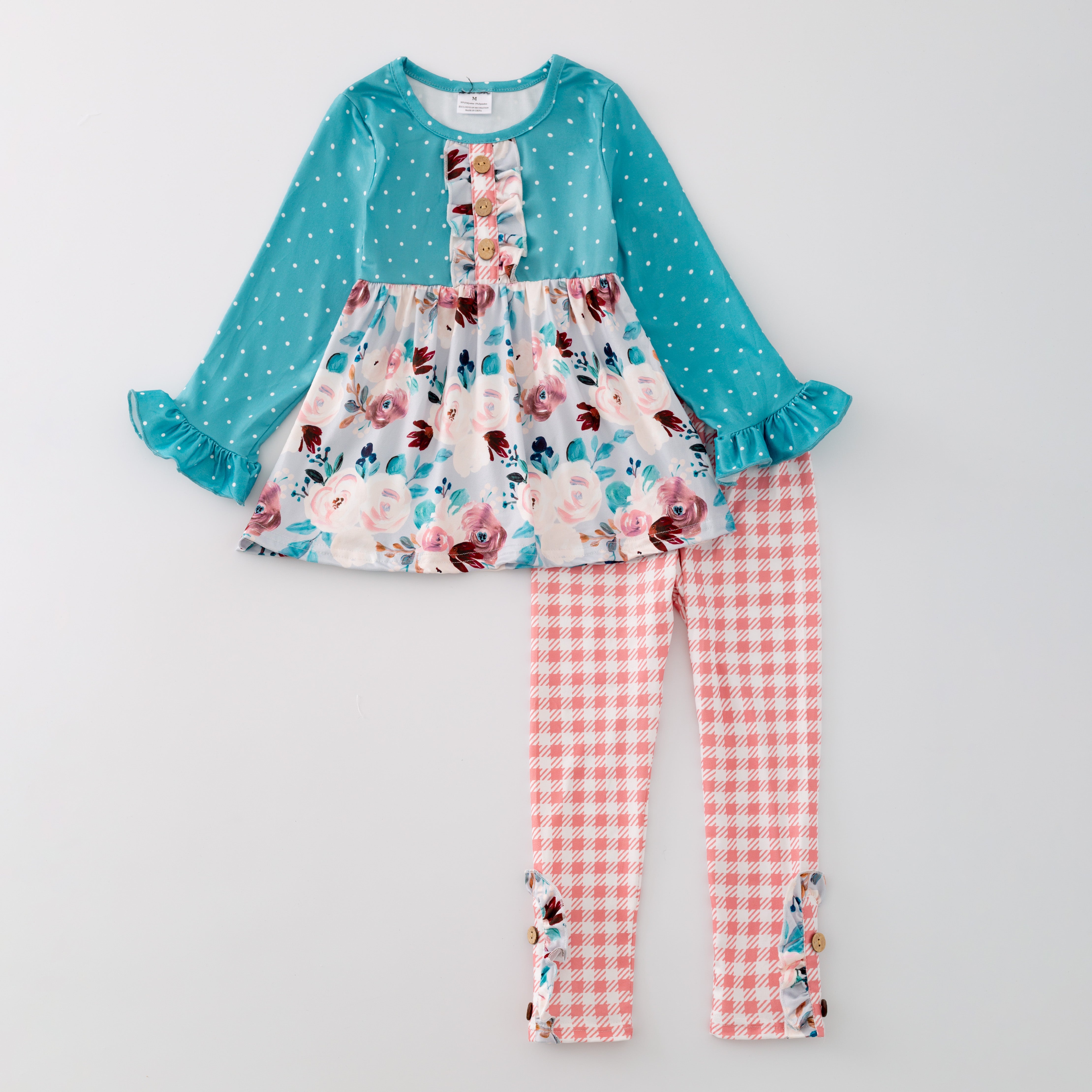 (In Stock G28-05-01  G21-05-01)Girls Turquoise Floral Print Top Plaid Pants Set