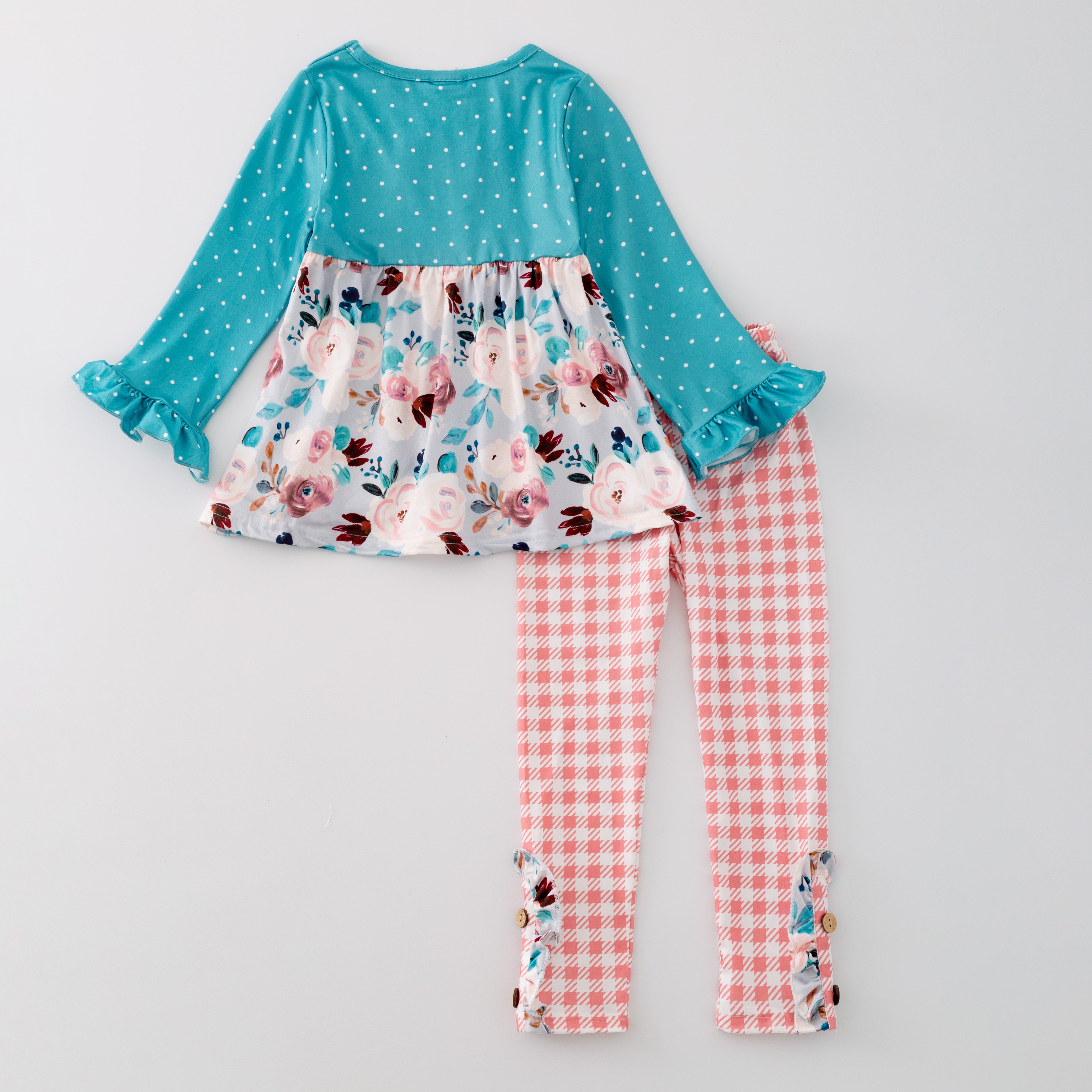 (In Stock G28-05-01  G21-05-01)Girls Turquoise Floral Print Top Plaid Pants Set