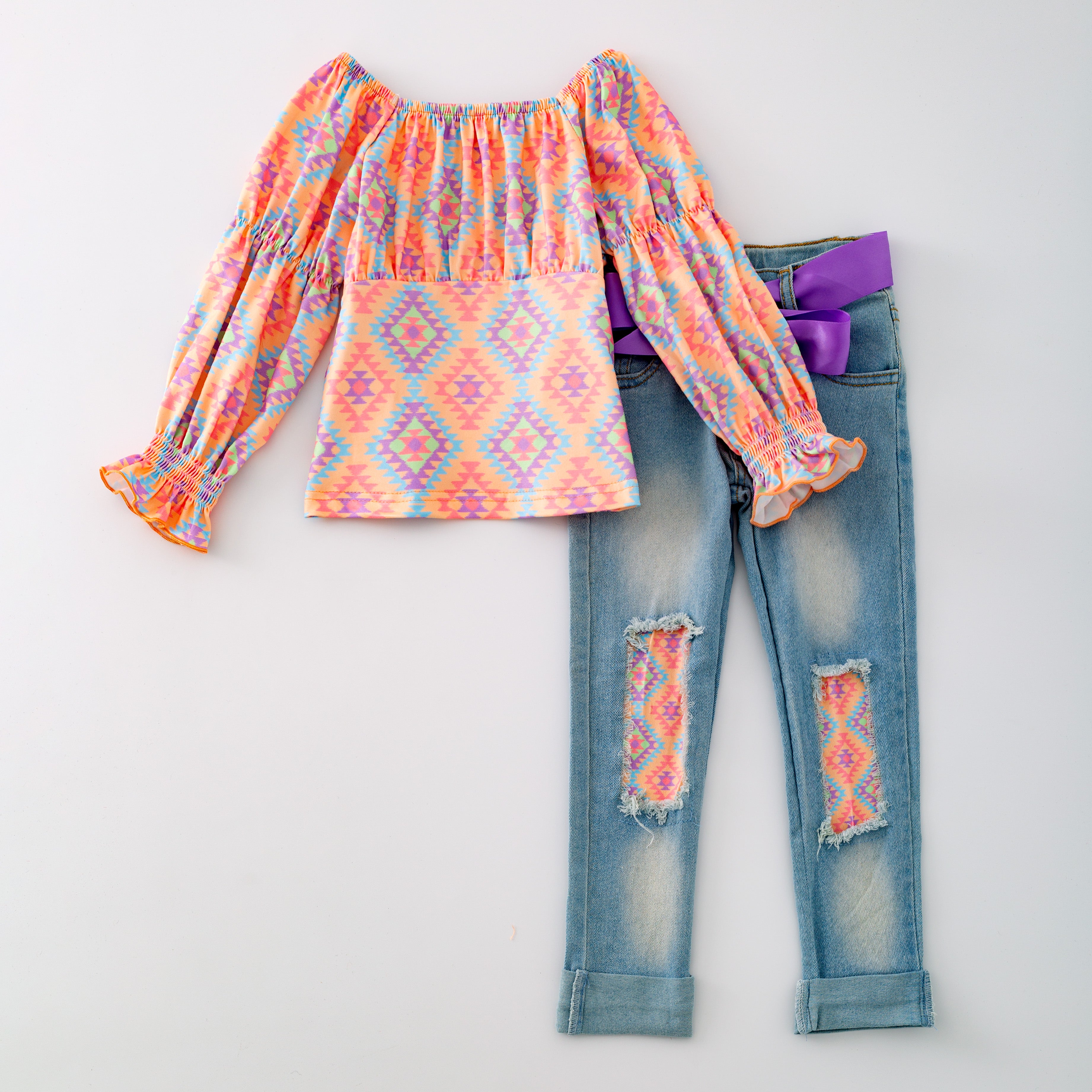 (In Stock G28-06-01)Girls Plaid Print Top Jeans Pants Set