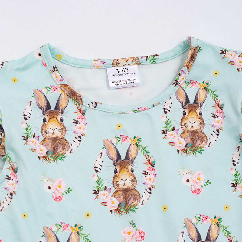 Rabbit flower print  O-neck ruffle short sleeve dress