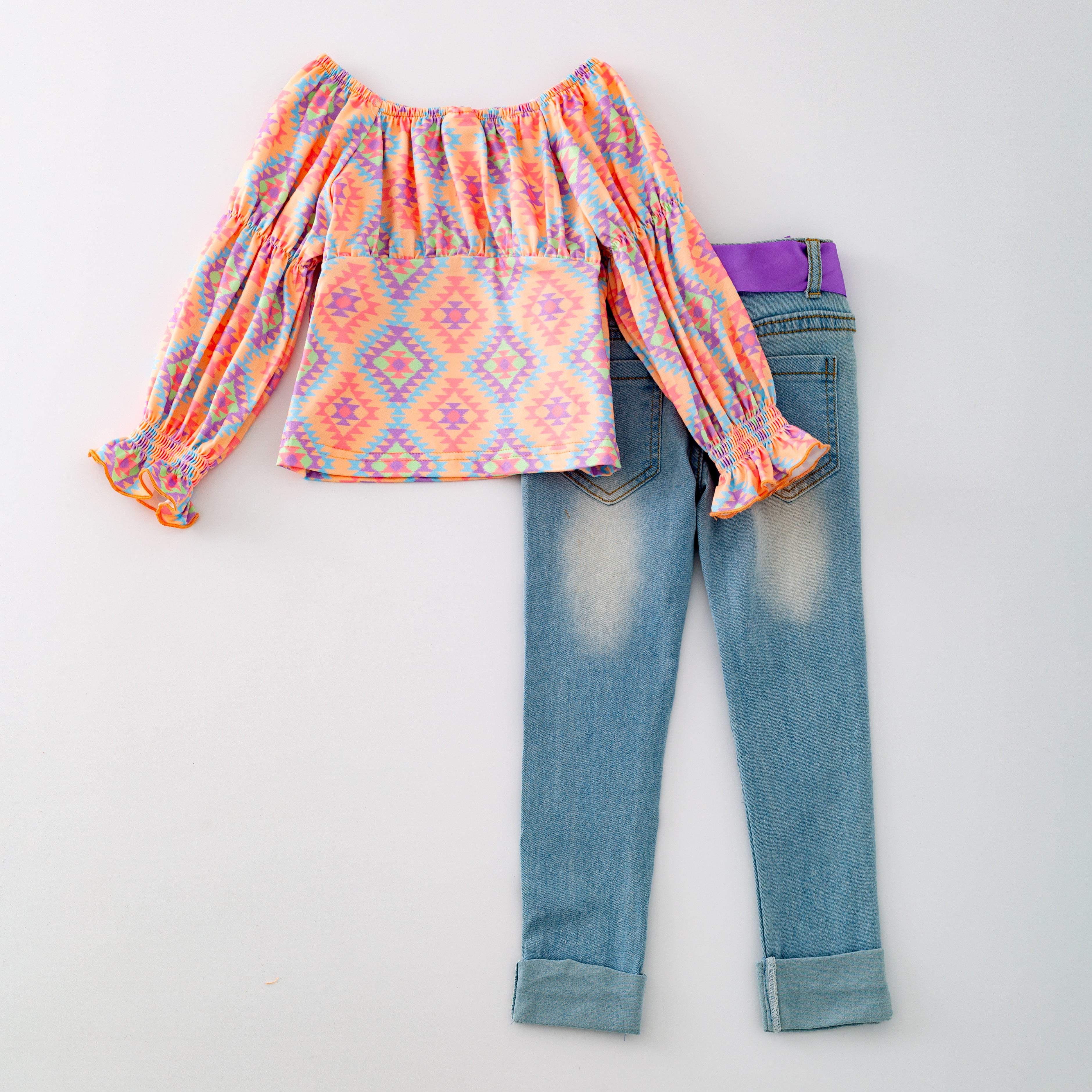 (In Stock G28-06-01)Girls Plaid Print Top Jeans Pants Set