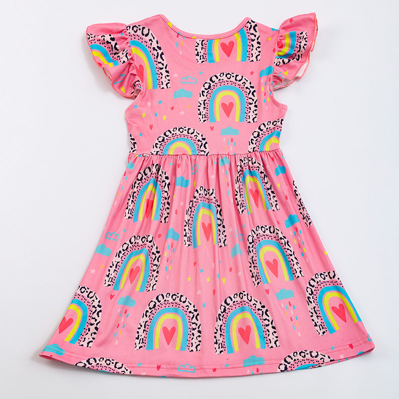 Rainbow Leopard Raindrop Print Pink Short Sleeve Dress