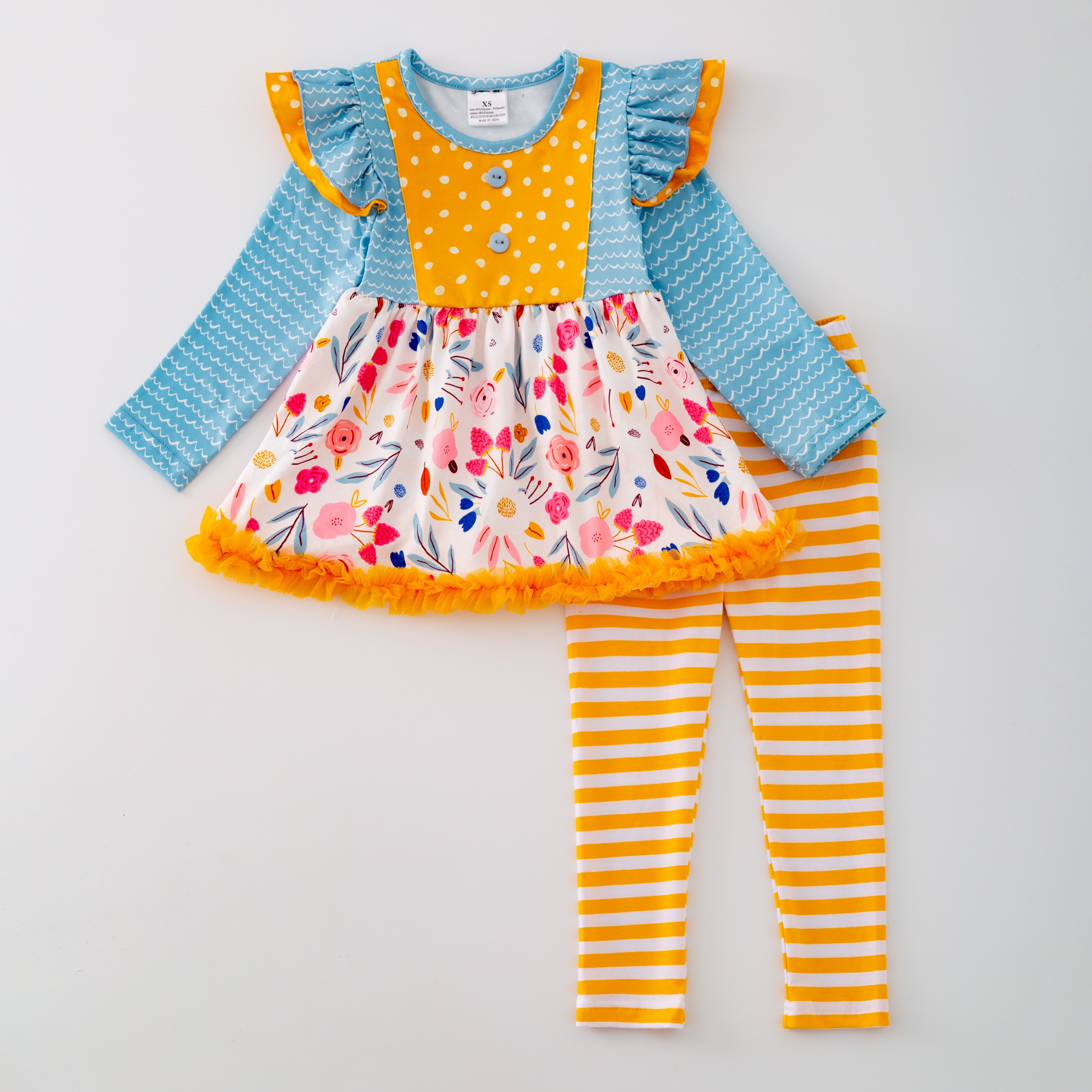 (In Stock G28-06-02  G21-06-02)Girls Floral Print Yellow Stripe Pants Set