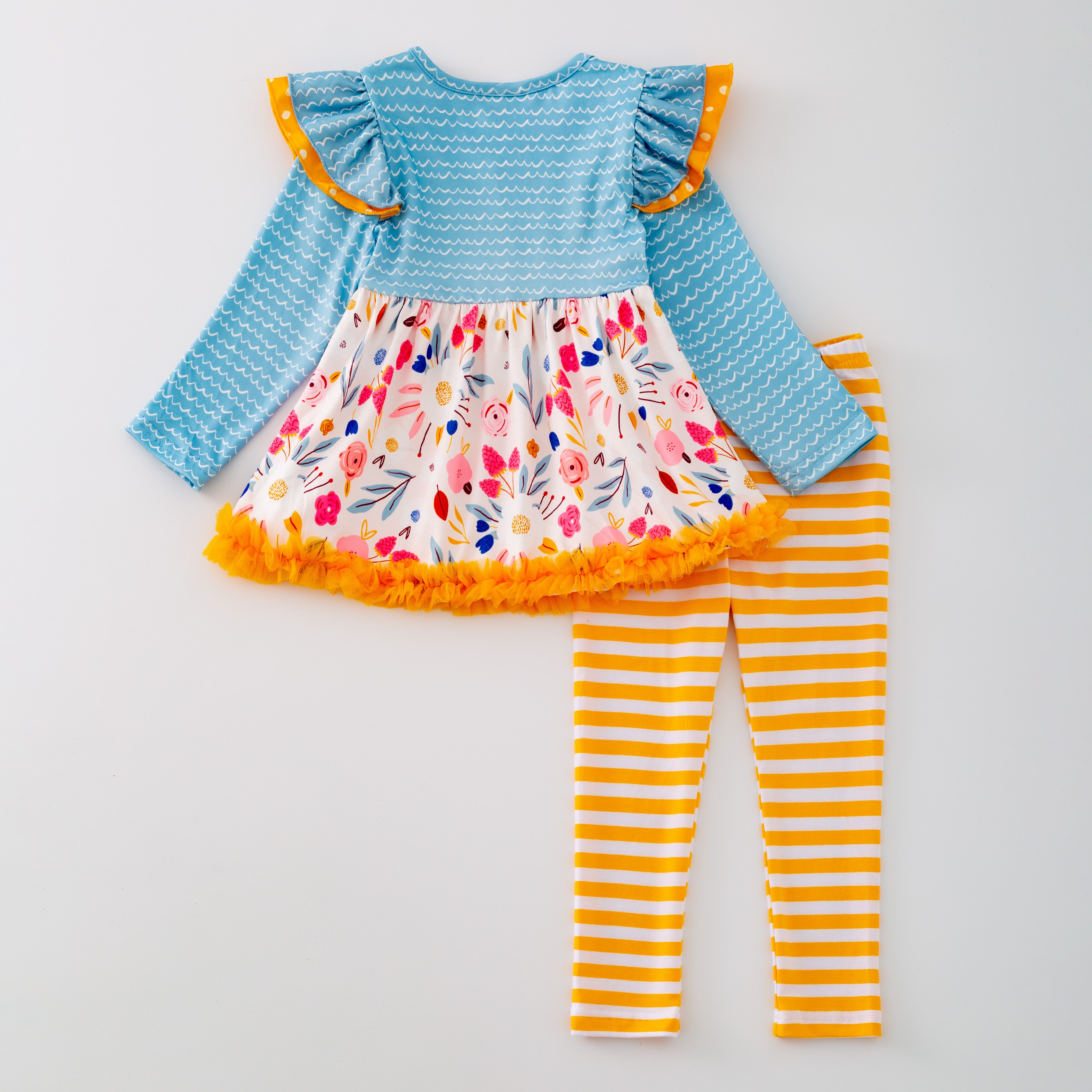 (In Stock G28-06-02  G21-06-02)Girls Floral Print Yellow Stripe Pants Set