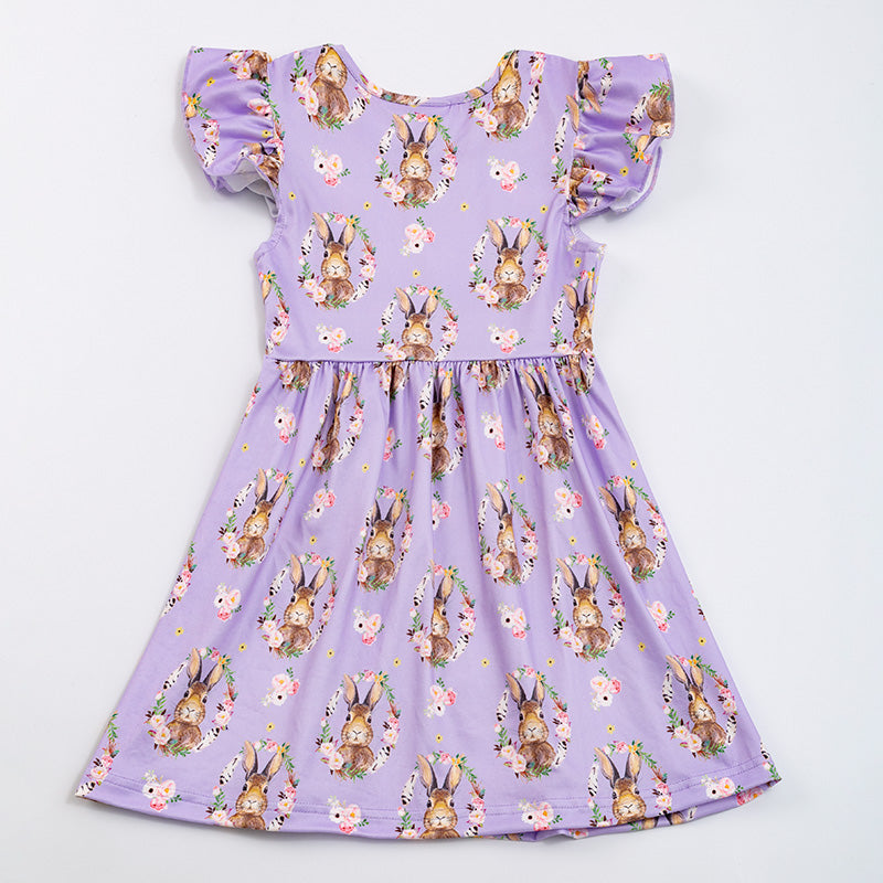 Purple rabbit flower print  O-neck ruffle short sleeve dress