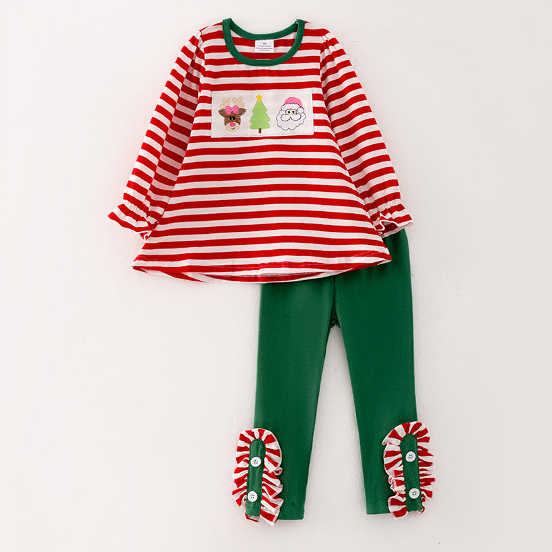 （In Stock E35-4-1）Girls Christmas Embroidery Stripe Outfit Set