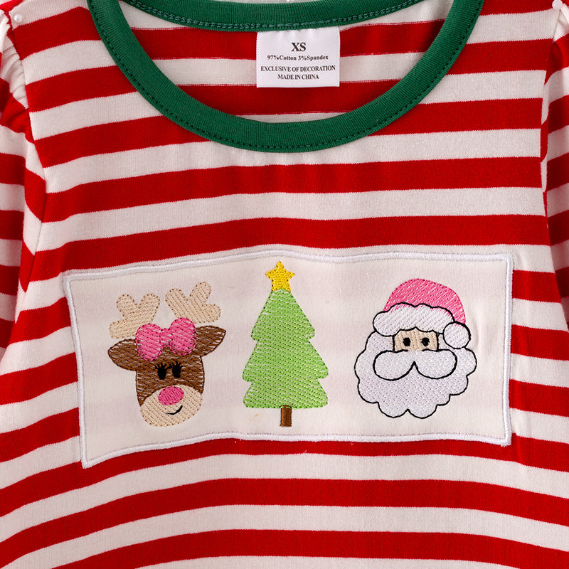 （In Stock E35-4-1）Girls Christmas Embroidery Stripe Outfit Set