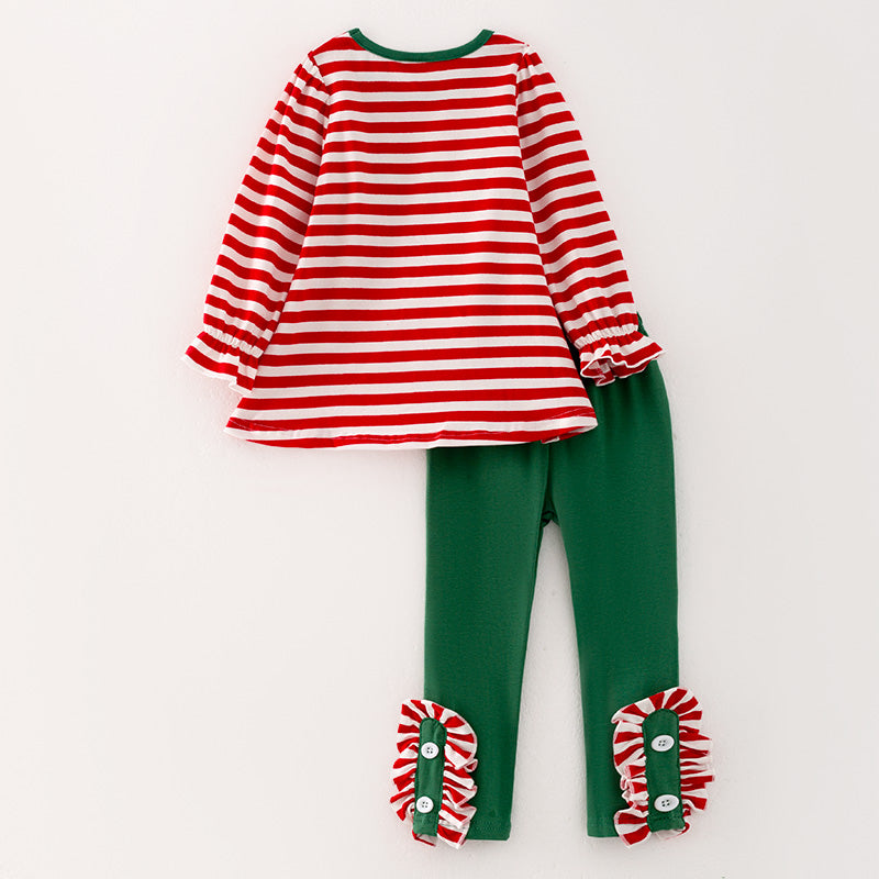 （In Stock E35-4-1）Girls Christmas Embroidery Stripe Outfit Set