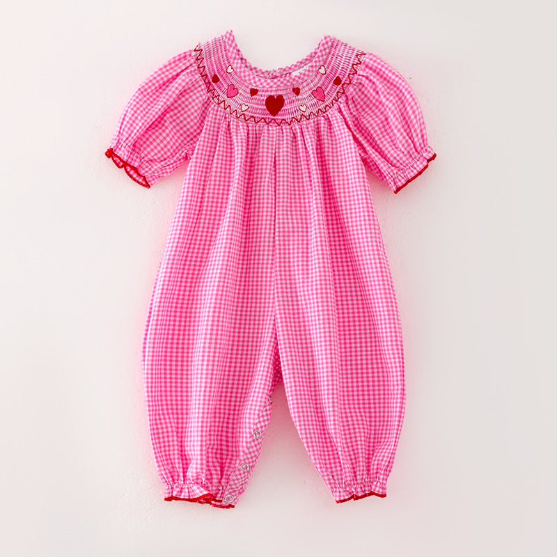 （In Stock L33-1-1）Baby Girls Valentine's Day Embroidery Pink Smocked Romper