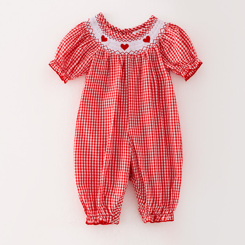 （In Stock L12-4-3）Baby Girls Valentine's Day Embroidery Red Smocked Romper