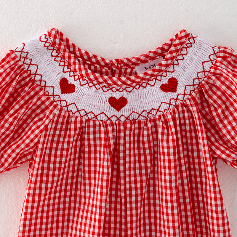 （In Stock L12-4-3）Baby Girls Valentine's Day Embroidery Red Smocked Romper