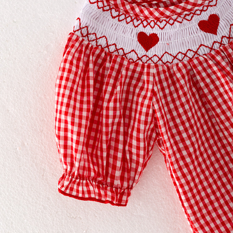 （In Stock L12-4-3）Baby Girls Valentine's Day Embroidery Red Smocked Romper