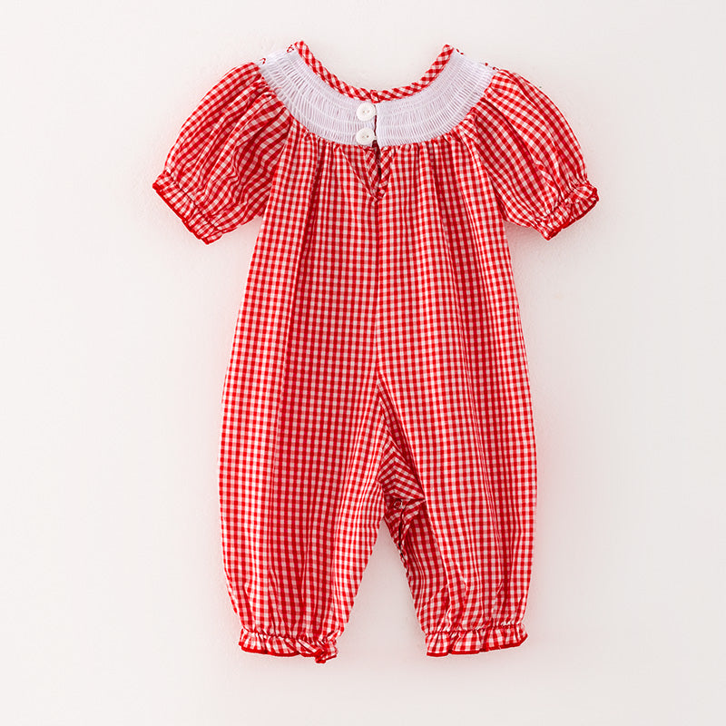 （In Stock L12-4-3）Baby Girls Valentine's Day Embroidery Red Smocked Romper